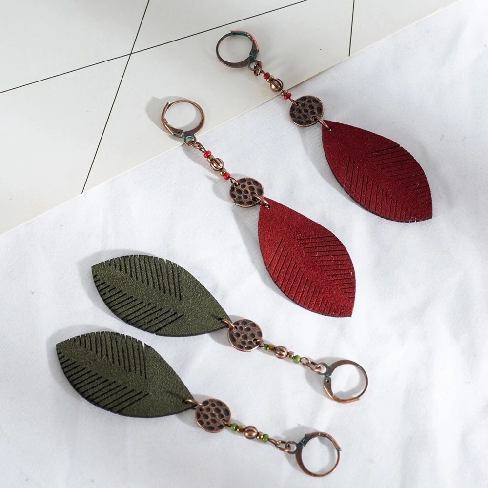 Suede Leaf Dangle Earrings - Picture 4 of 4